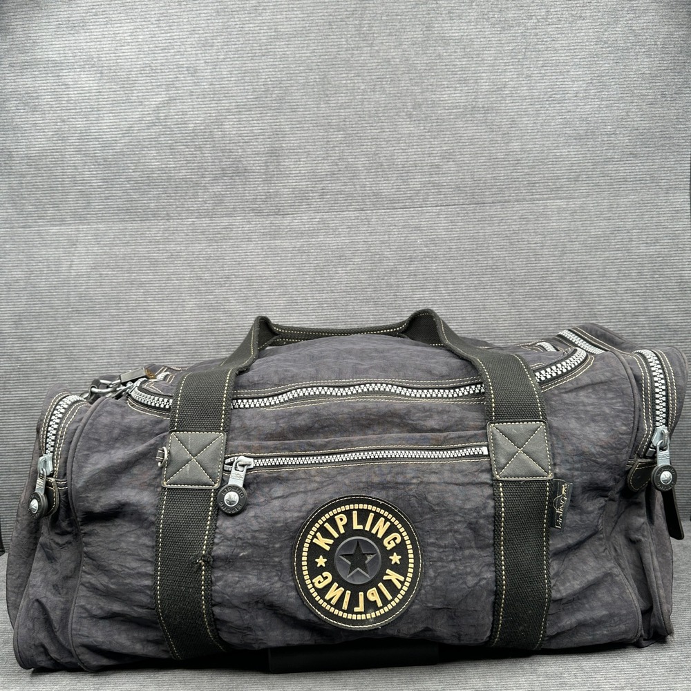 Kipling Dark Gray Crinkle Nylon Duffle Weekend Travel Bag Large Gym Carry On Y2k